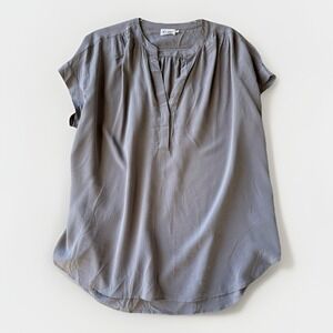 R Label 100% Silk Blouse Women L Taupe Gray Long Sleeve Minimalist Luxury $228